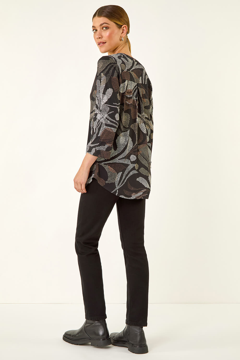 Brown Abstract Puff Print Stretch Top, Image 4 of 5