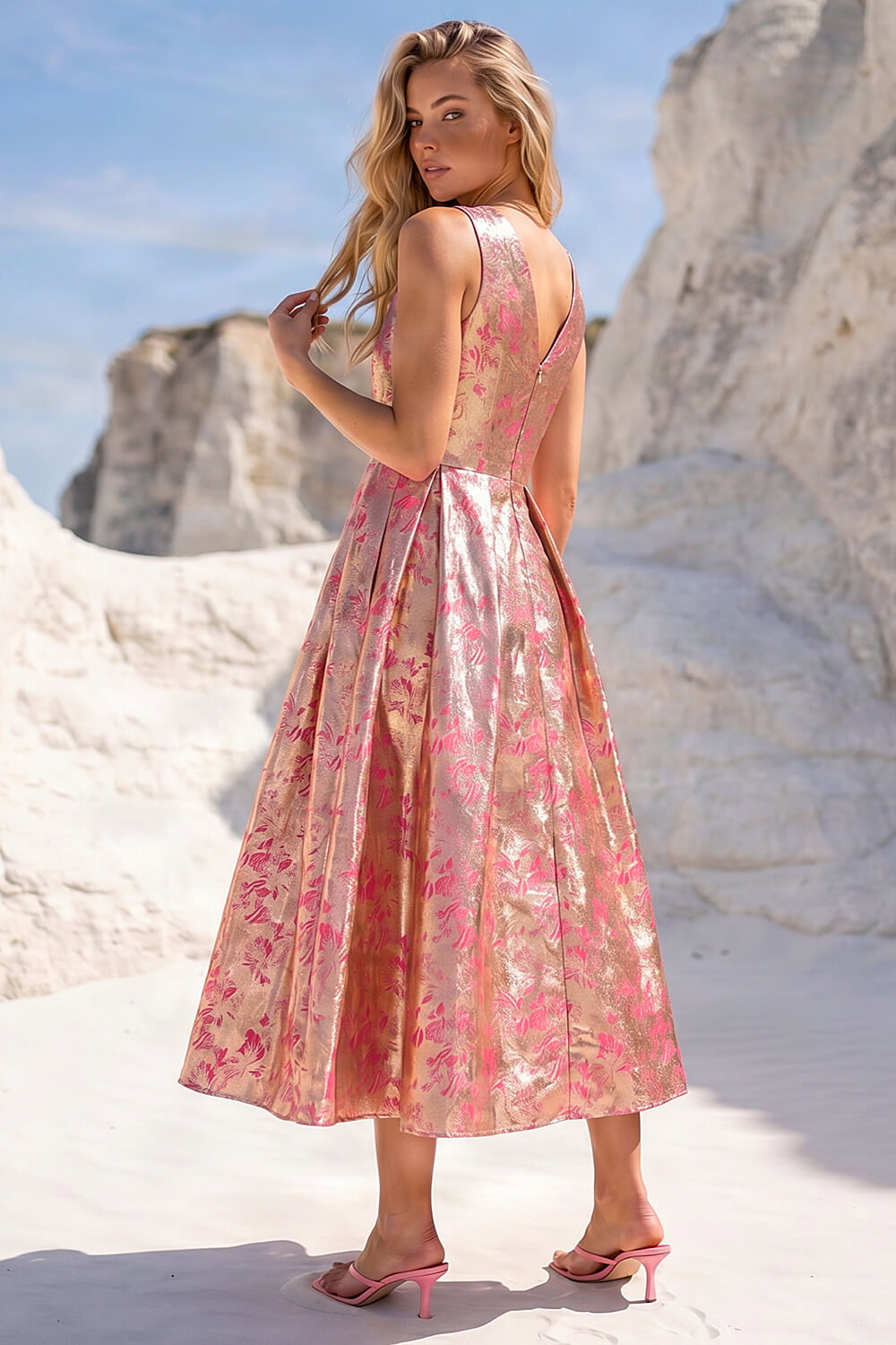 knee length dresses for ladies Pink Coral Floral Jacquard Midi Dress - All Dresses