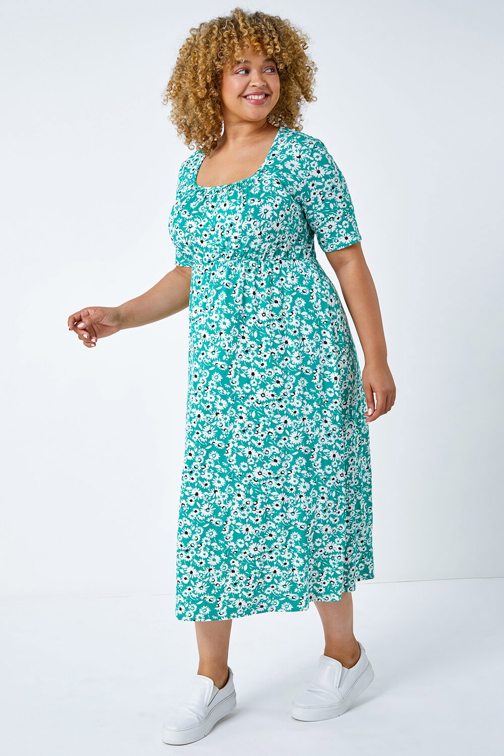 Women's Midi Dress Dark Green Floral Print Crepe Midi with one Shoulder