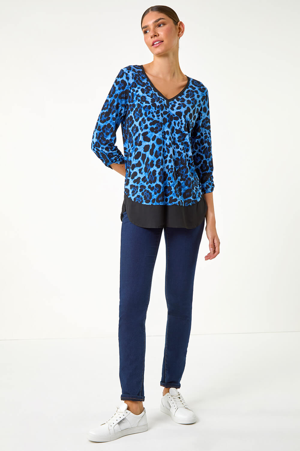 Blue Animal Print Contrast Border Print Top, Image 1 of 5