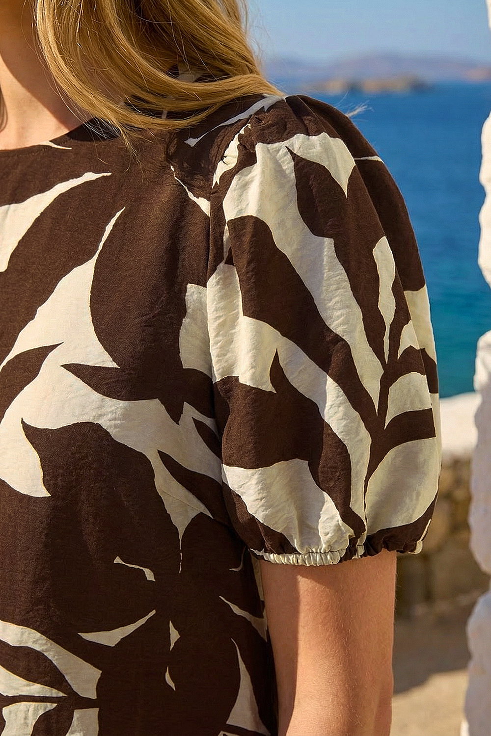Chocolate Leaf Print Balloon Sleeve Top, Image 5 of 4