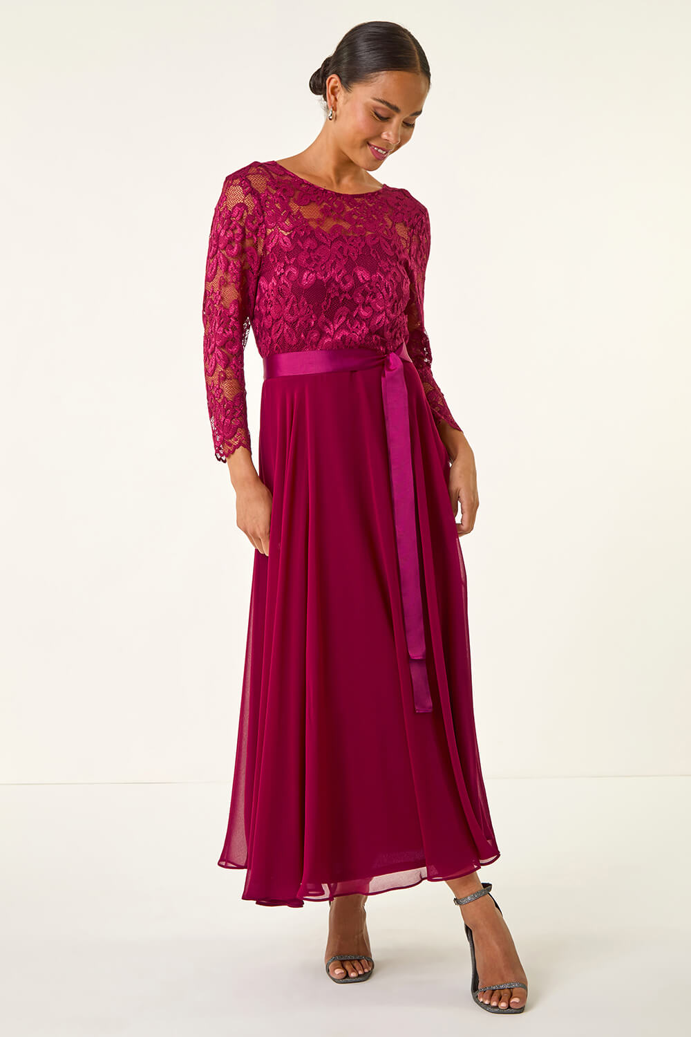Wine Petite Lace Contrast Bodice Dress, Image 1 of 5