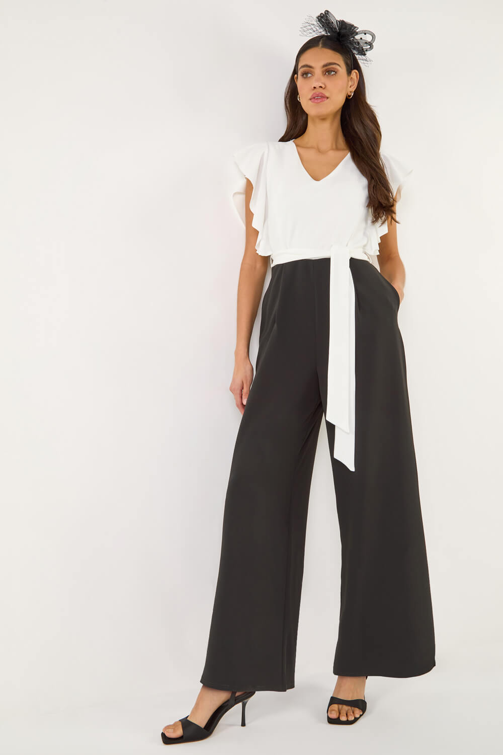 Roman Women's Black Colour Block V-Neck Stretch Jumpsuit Size 20