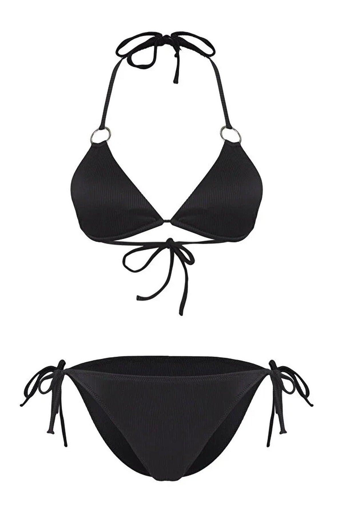 Black WOVCOR Black Ribbed Triangle Bikini Set with Ring Detail, Image 3 of 5