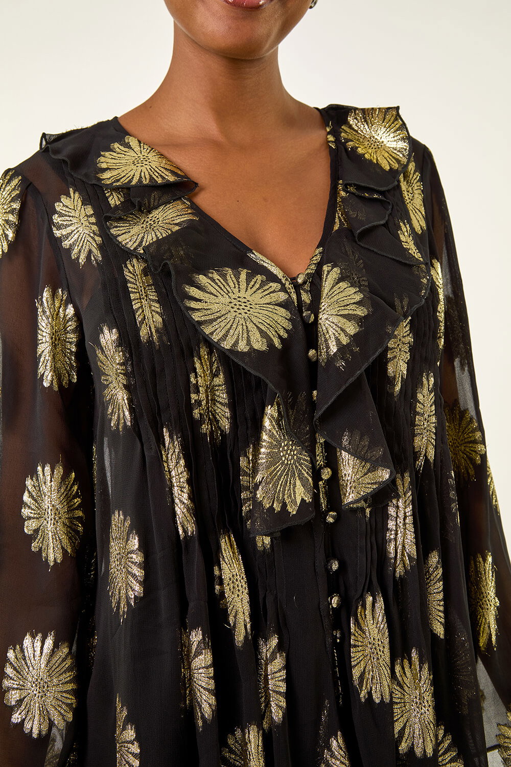 Black Floral Jacquard Frill Buttoned Blouse, Image 6 of 5