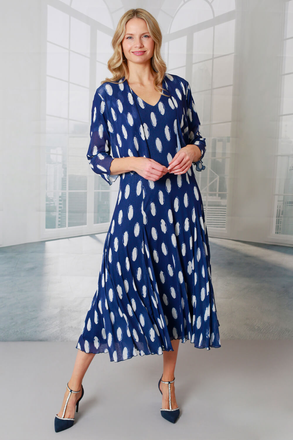 Navy Julianna Polka Dot Mesh Shrug, Image 1 of 3