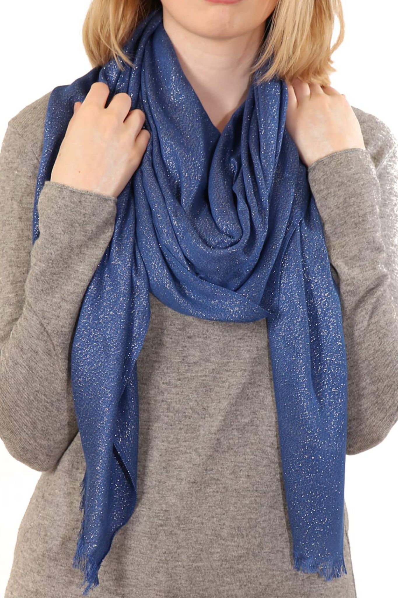 Blue Plain Glitter Lightweight Evening Scarf, Image 2 of 2