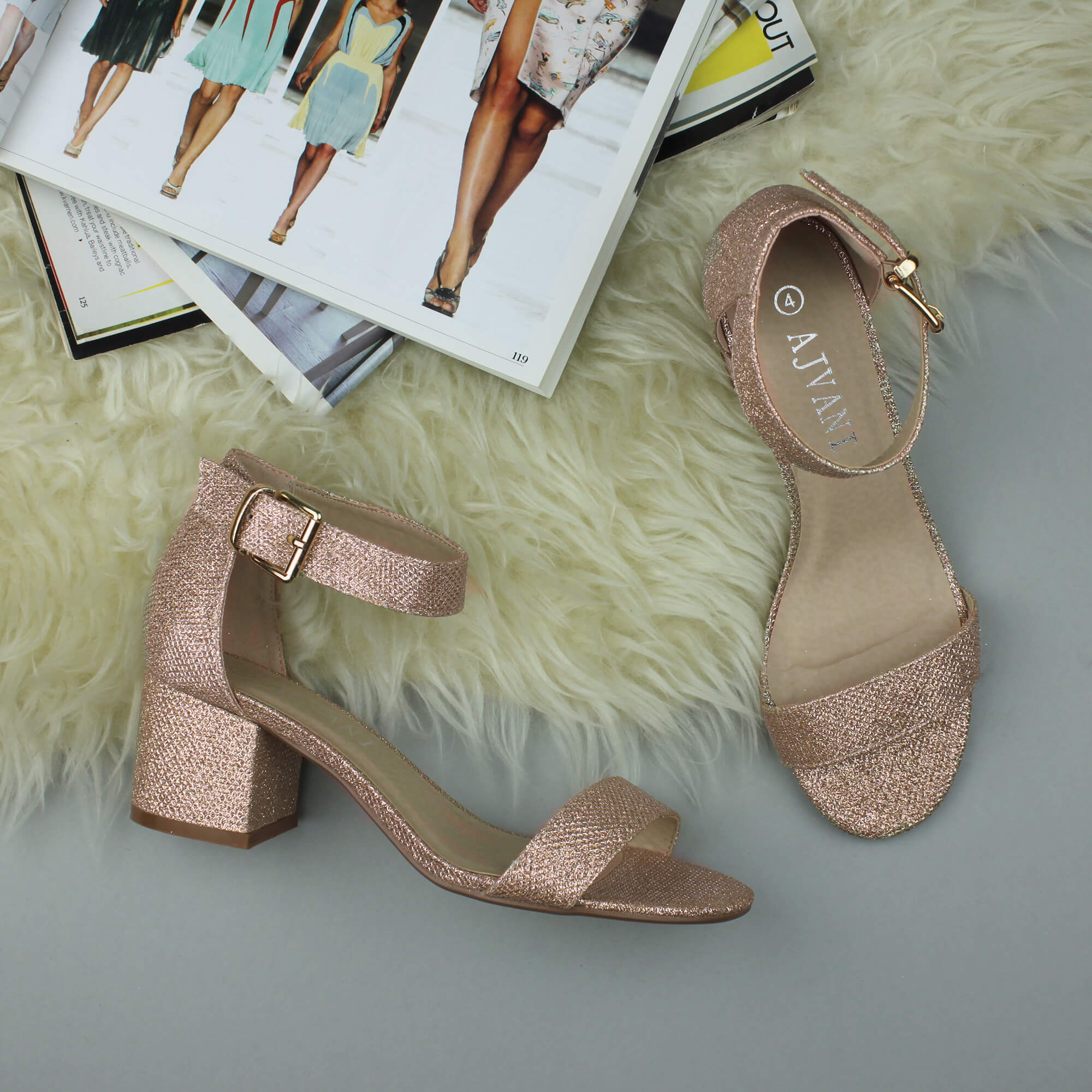 Rose Gold AJVANI Rose Gold Mid Block Heel Ankle Strap Sandals, Image 4 of 6