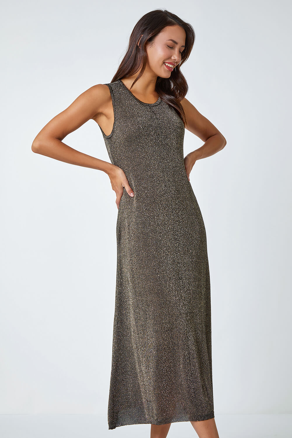Gold Sleeveless Sparkle Knitted Midi Dress, Image 1 of 5