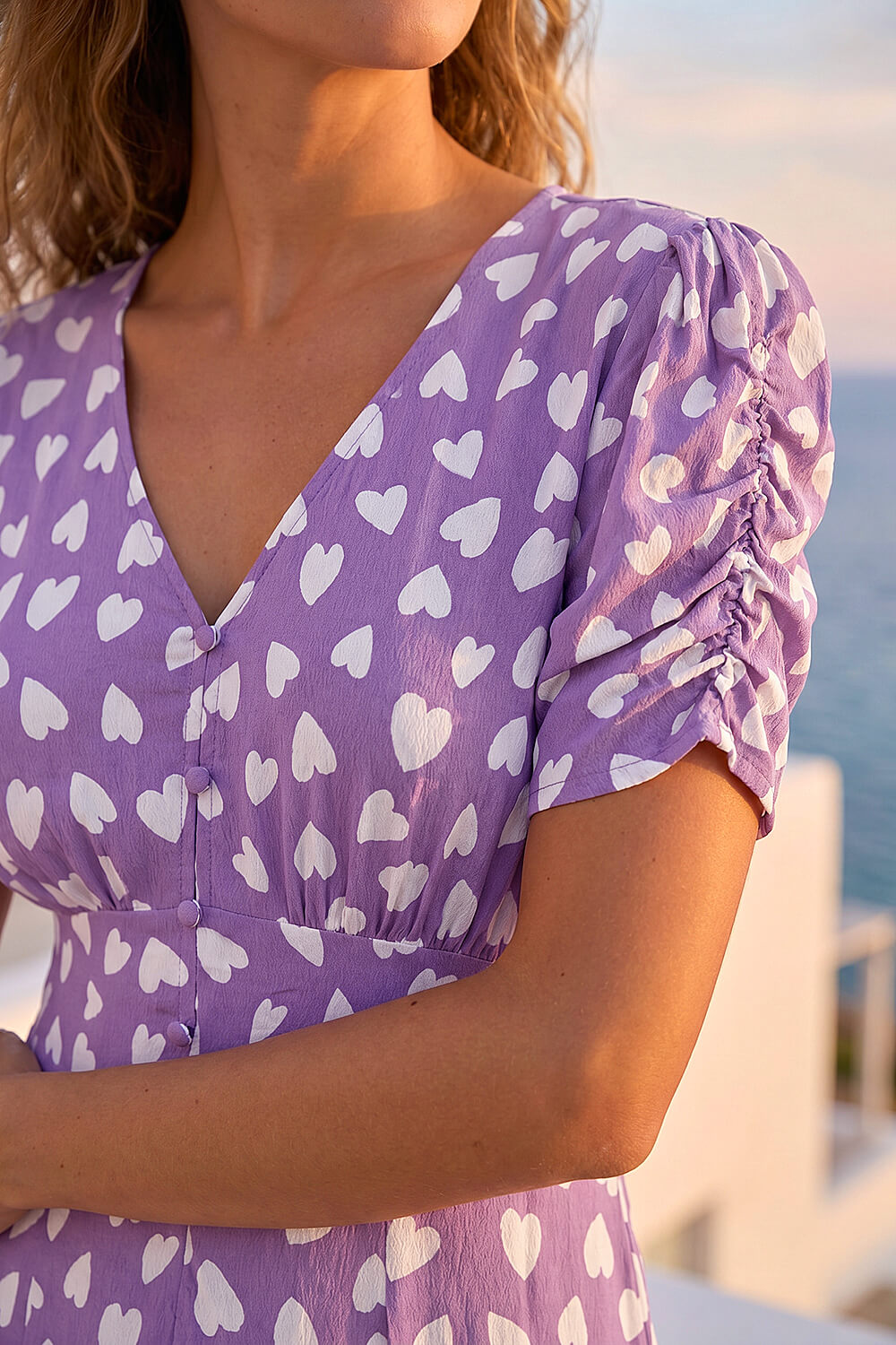 Lilac Heart Print Ruched Midi Dress, Image 5 of 4