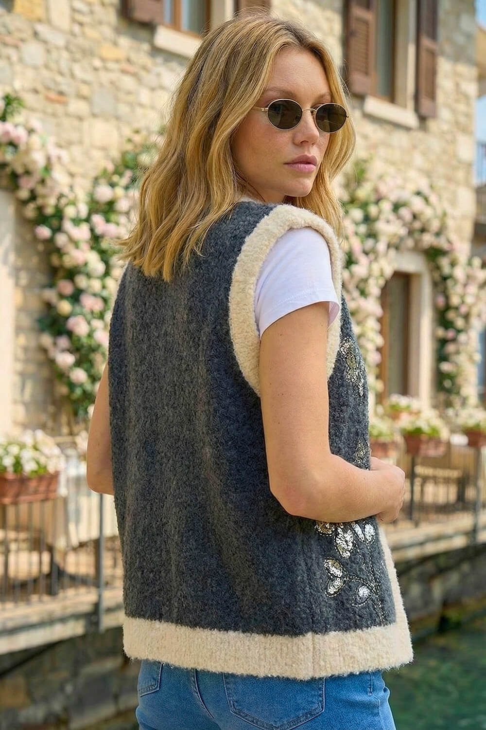 Black Fur Trim Embroidered Knit Waistcoat, Image 4 of 4