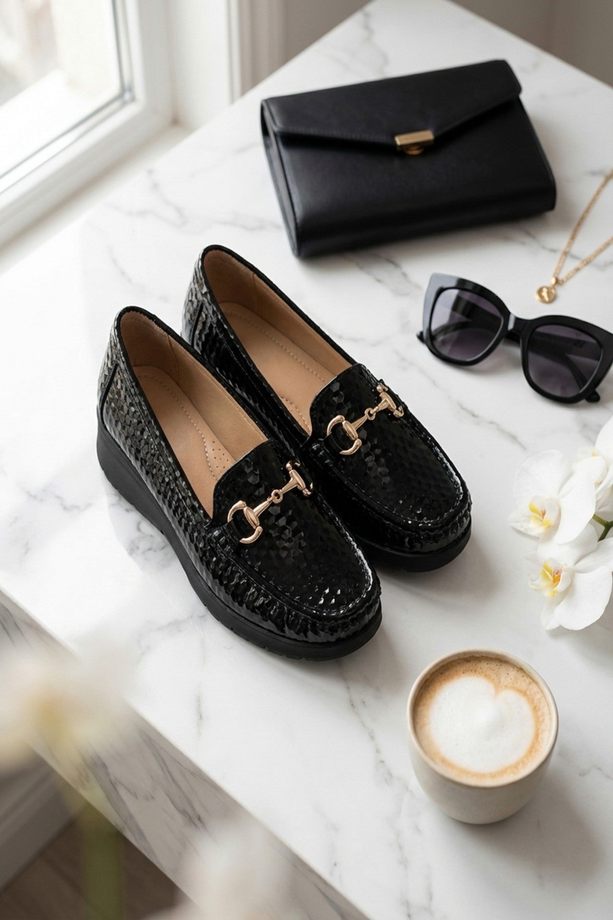 Black Chloe Womens Patent Horsebit Platform Loafers, Image 2 of 8