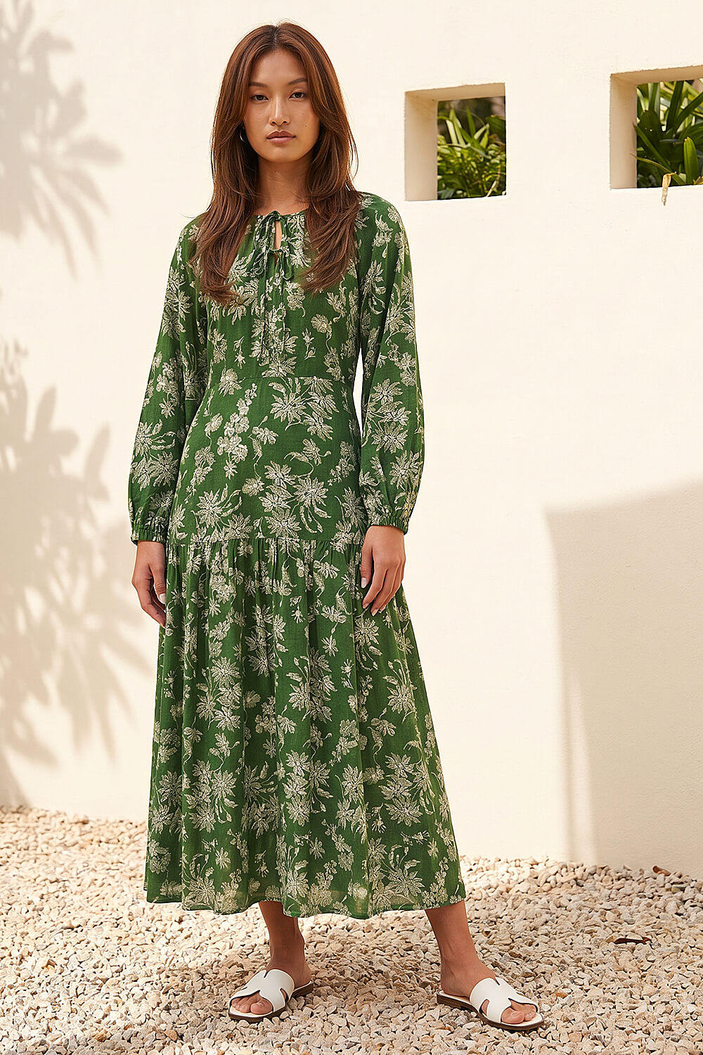 Green Floral Keyhole Tie Midi Dress, Image 3 of 4