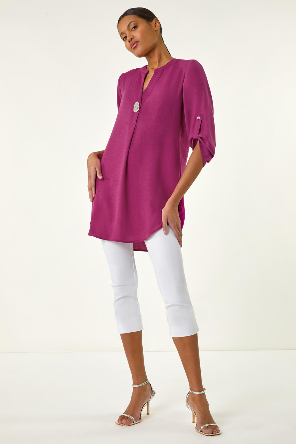 MAGENTA Button Up Detail Longline Blouse, Image 1 of 5
