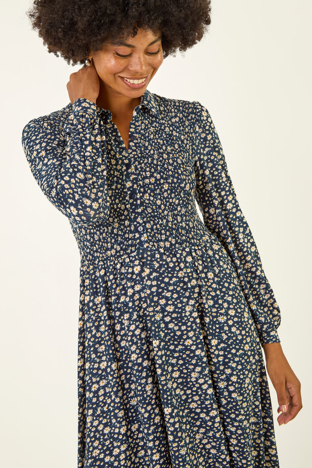Navy  Ditsy Floral Print Shirred Midi Dress, Image 5 of 5