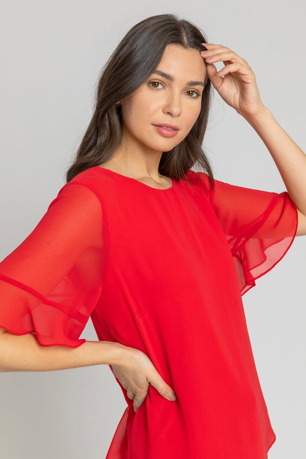 Red Plain Frill Detail Chiffon Top, Image 5 of 4