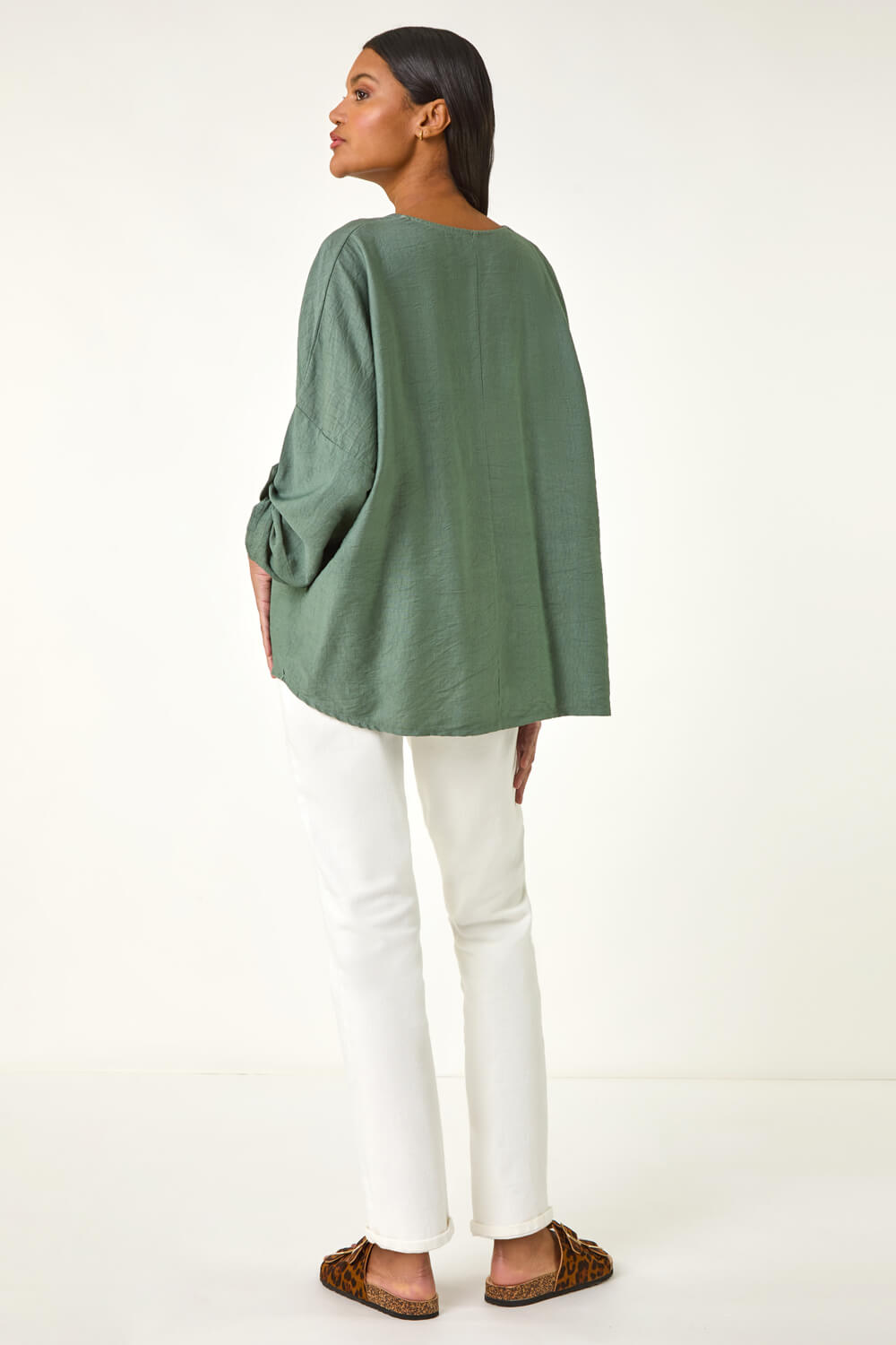 KHAKI Pleated V-Neck Stretch Tunic Top, Image 4 of 5