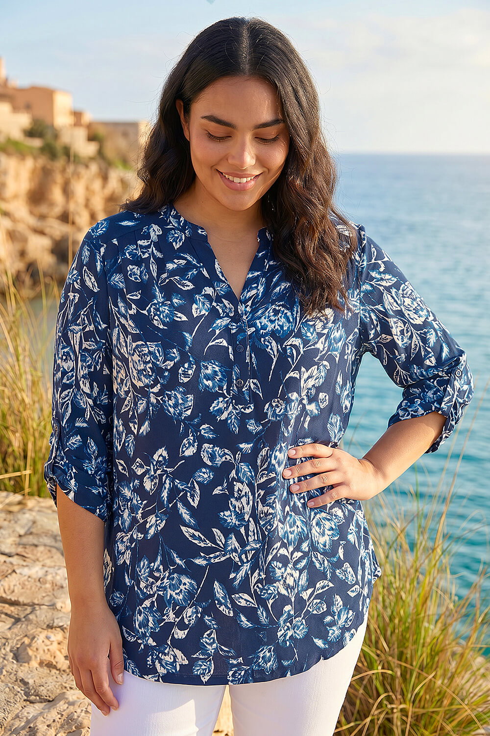Navy Curve Puff Print Stretch Shirt, Image 3 of 4
