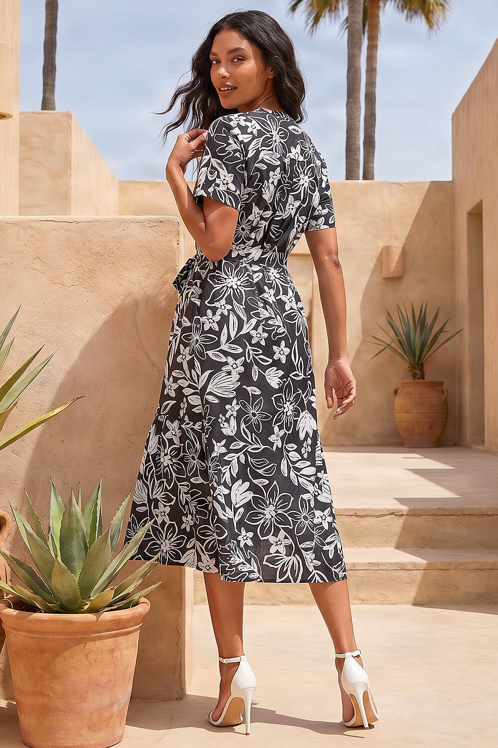Black Floral Print Tie Waist Midi Dress, Image 4 of 4