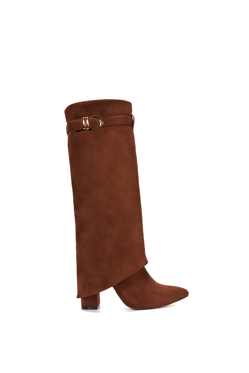 Brown 'Aaliyah' Fold Over Boots Block Heel Buckle Point Toe