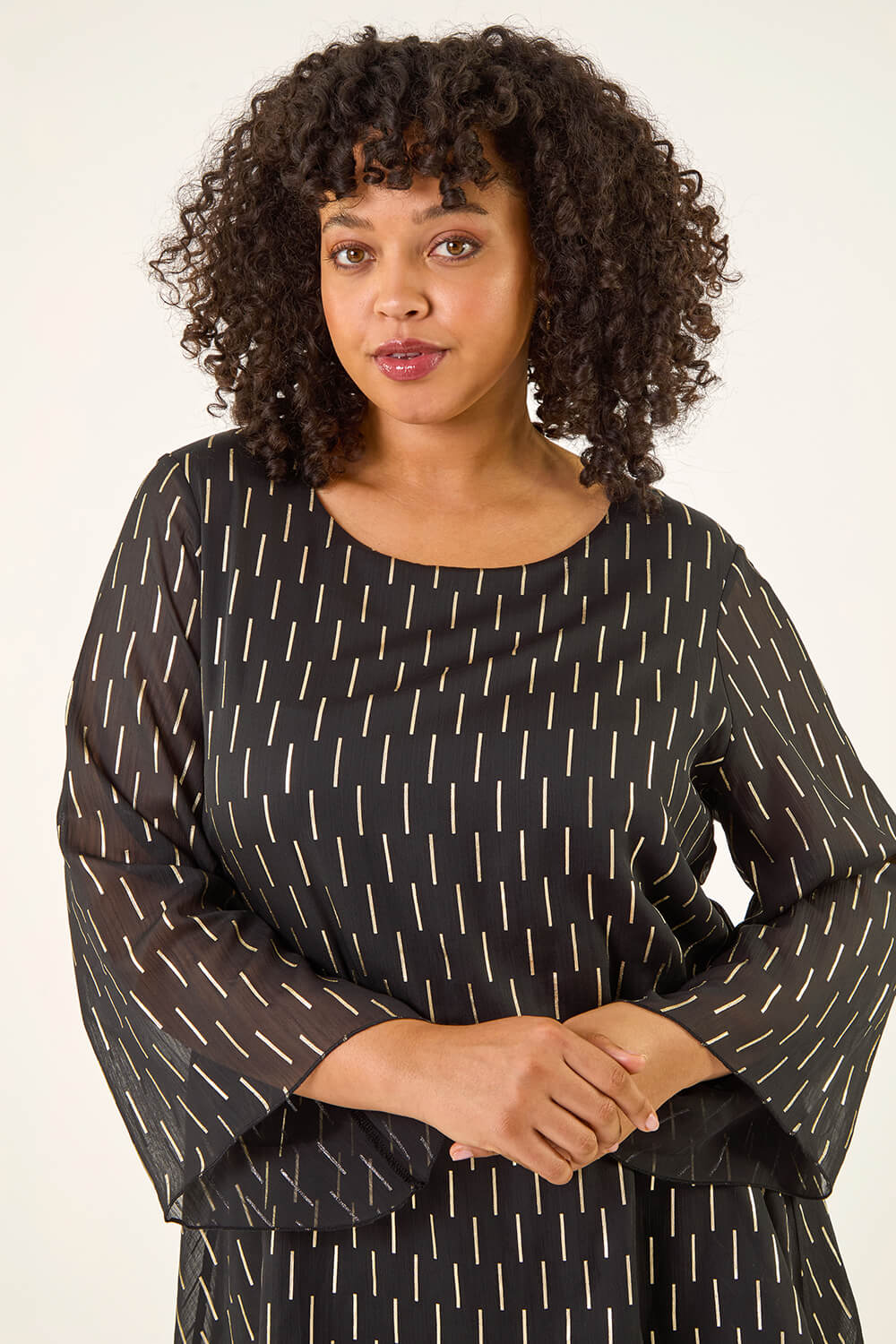 Black Curve Chiffon Overlay Foil Top , Image 5 of 5