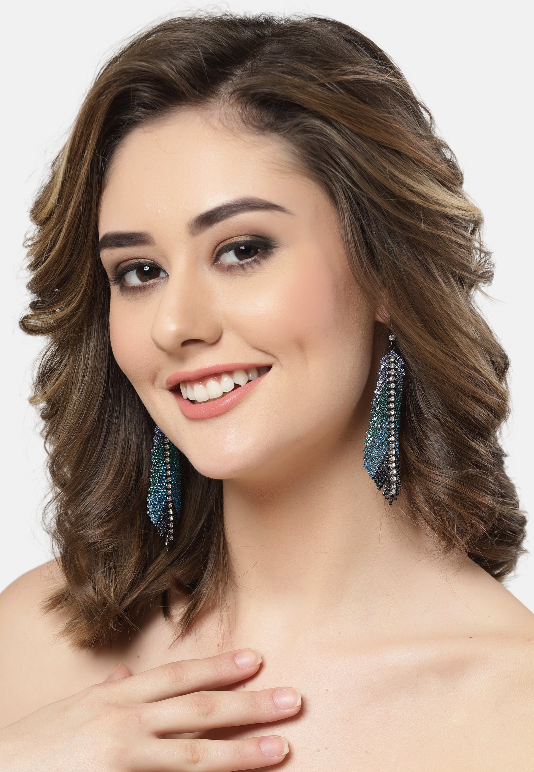 Blue Feather Crystals Studded Earrings, Image 4 of 5
