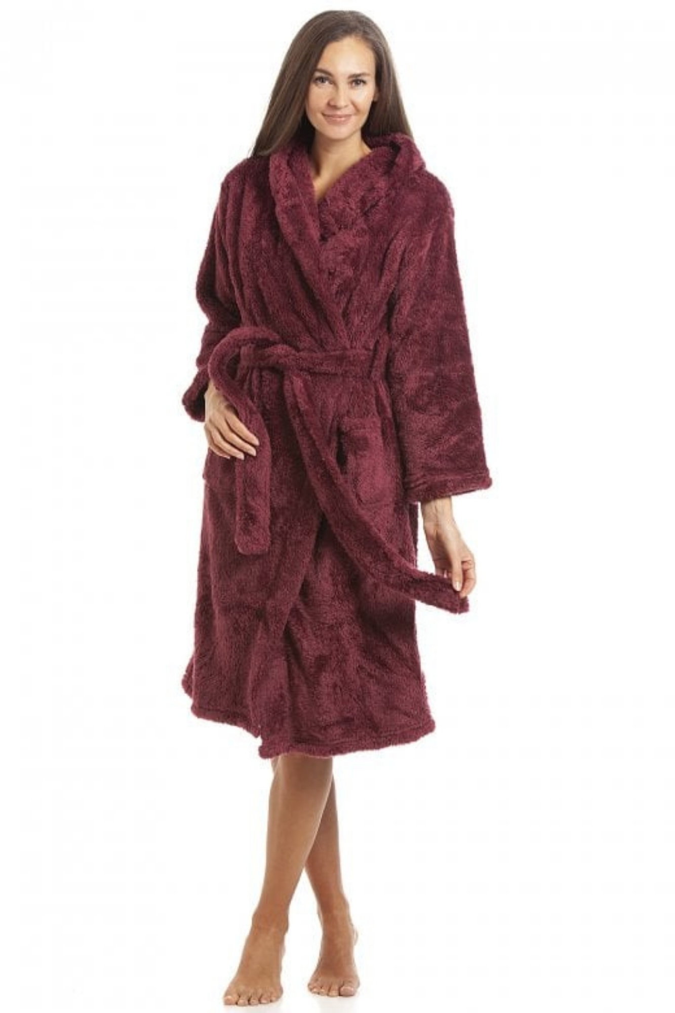 Burgundy Camille Lingerie Burgundy Supersoft Fleece Hooded Bathrobe, Image 1 of 3