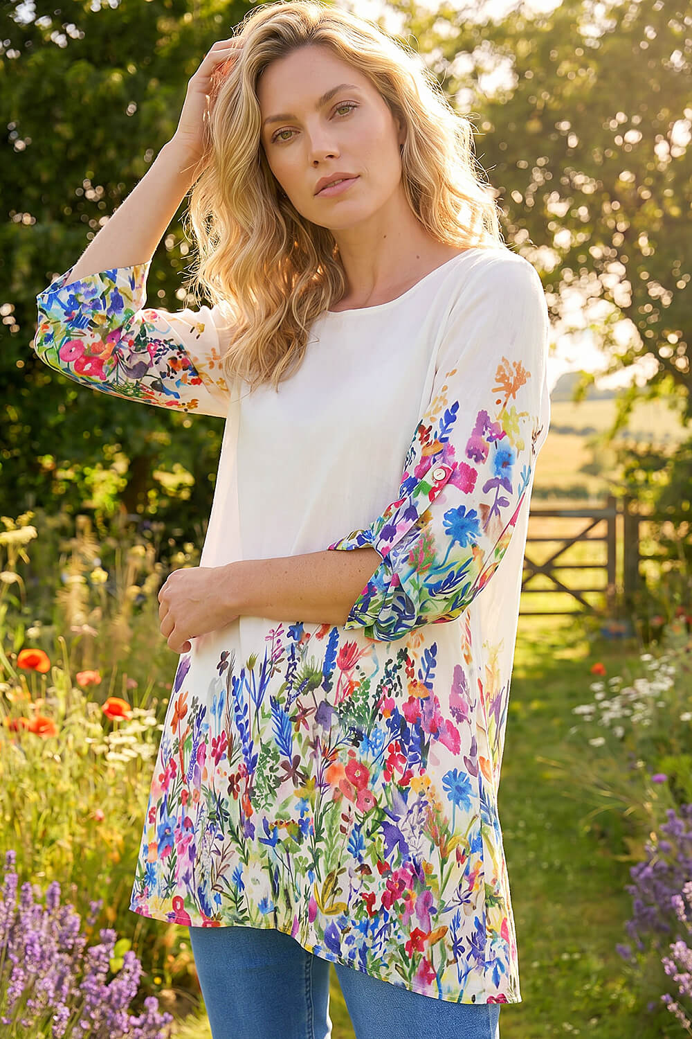 Ivory  Floral Border Print Tunic Top, Image 3 of 4
