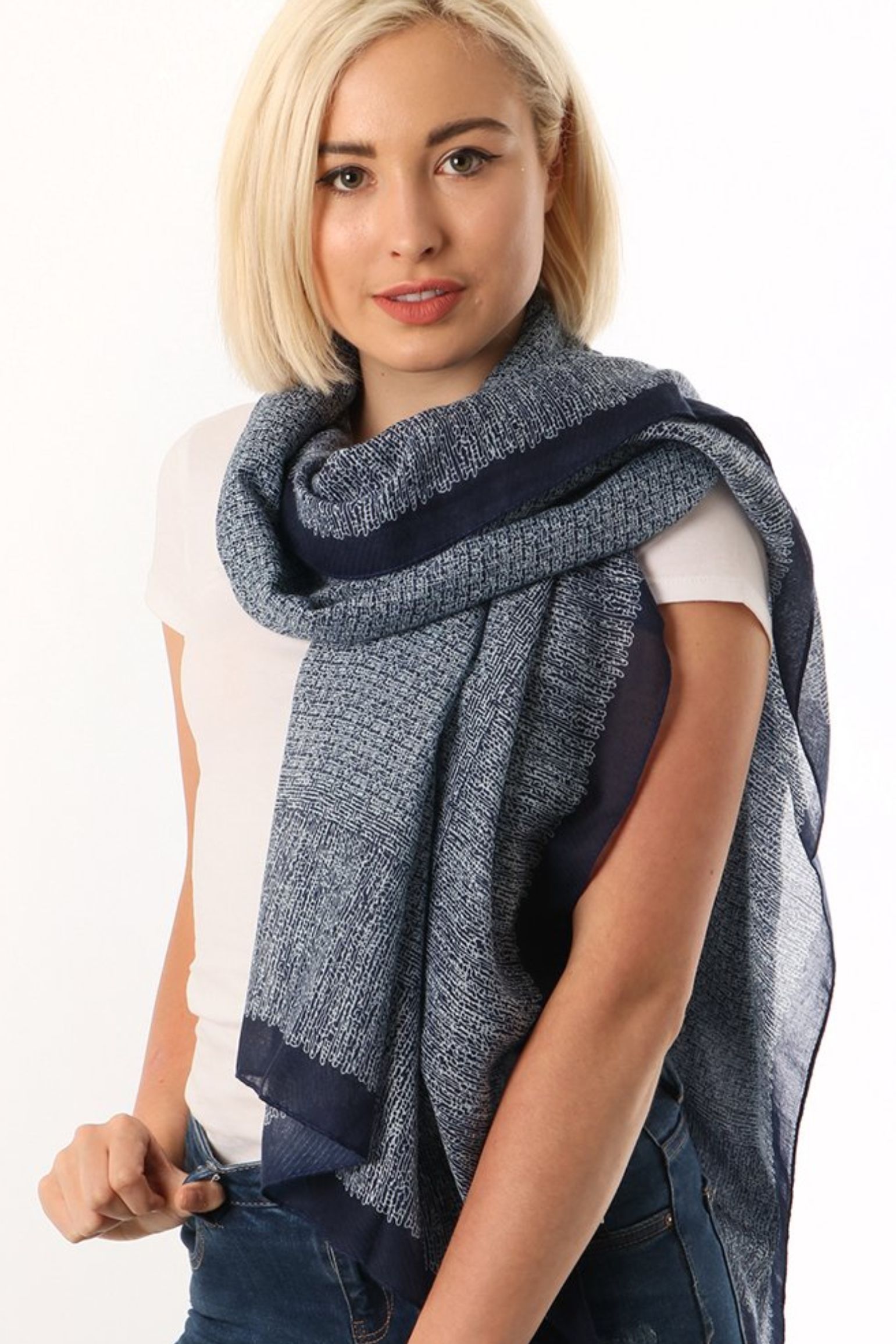 Navy Blue Speckled Bordered Lightweight Scarf, Image 1 of 3