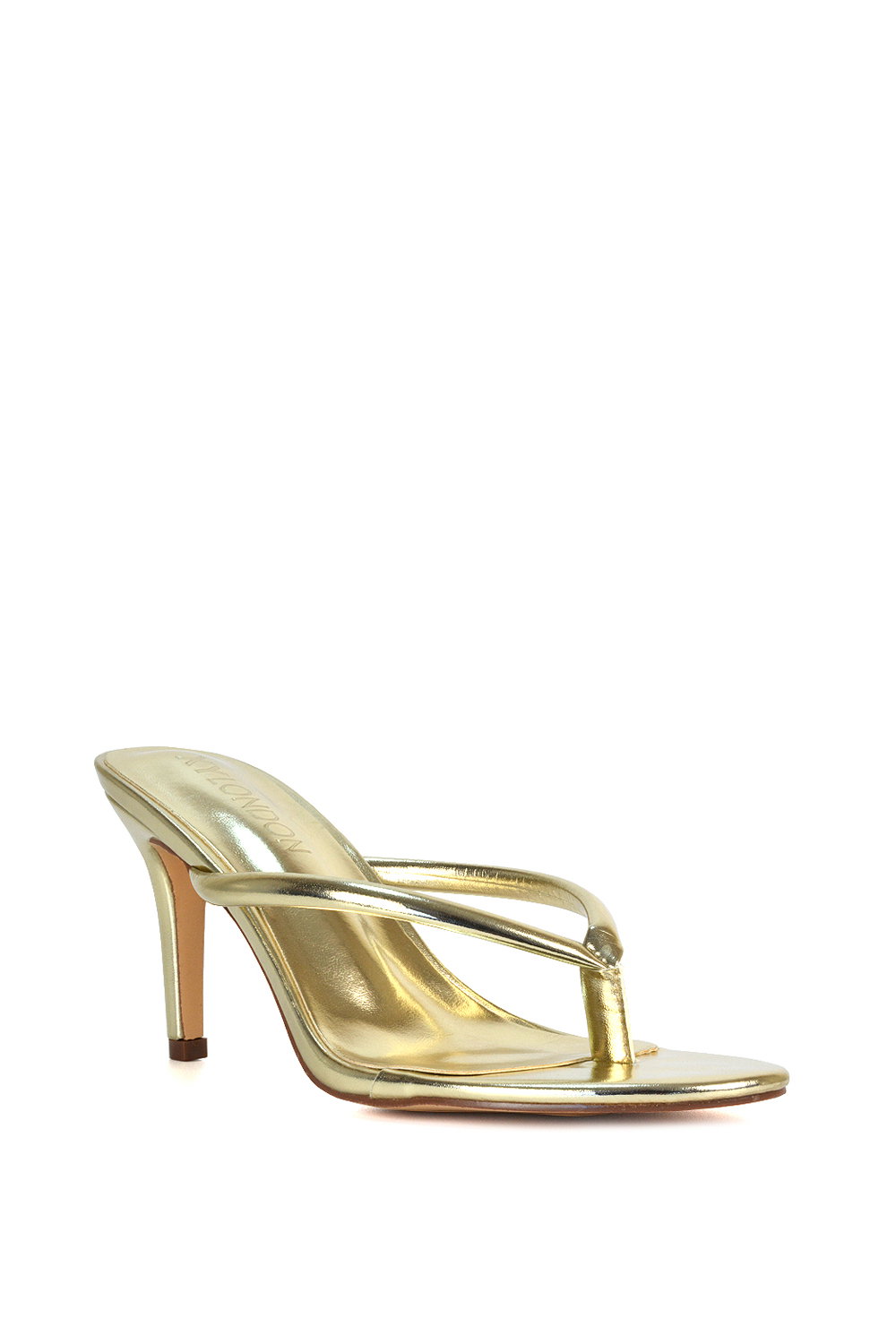 Gold XY LONDON Gold 'Celina' Stiletto High Heel Mules With Thong Strap, Image 2 of 6
