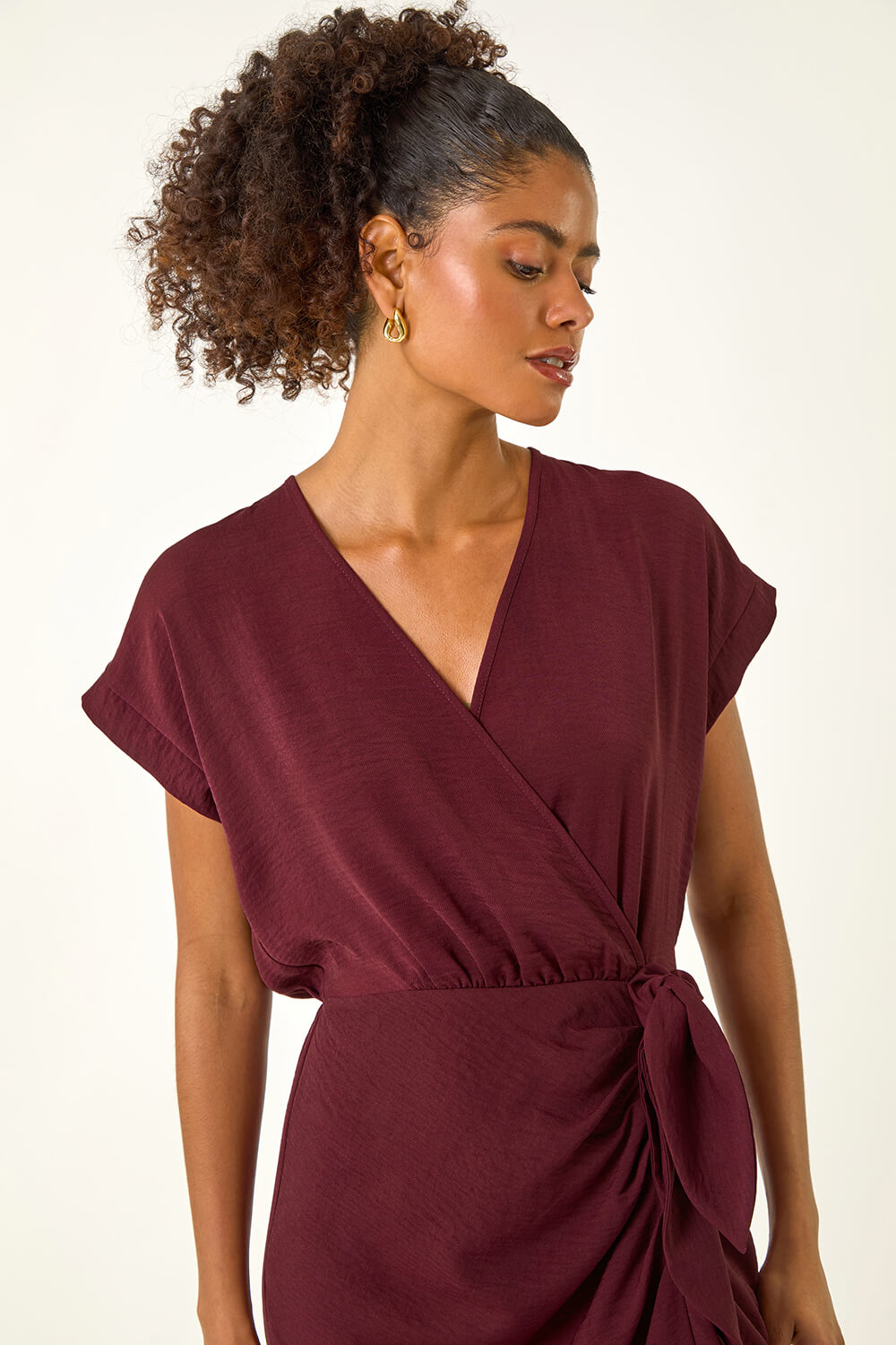 Wine Dusk Wrap Tie Detail Dress, Image 5 of 5