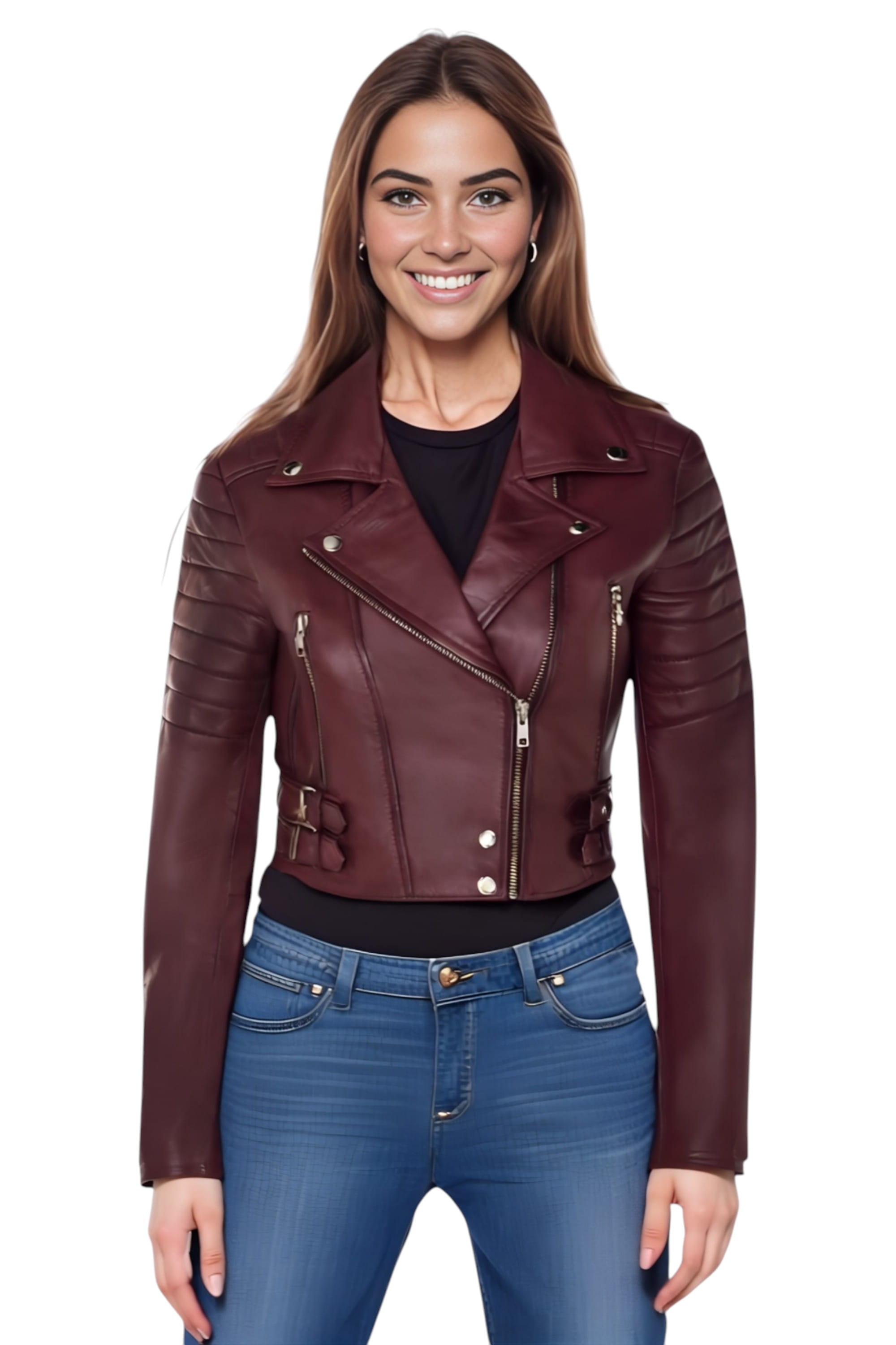 Burgundy Cropped Brando Leather Biker Jacket, Image 1 of 7