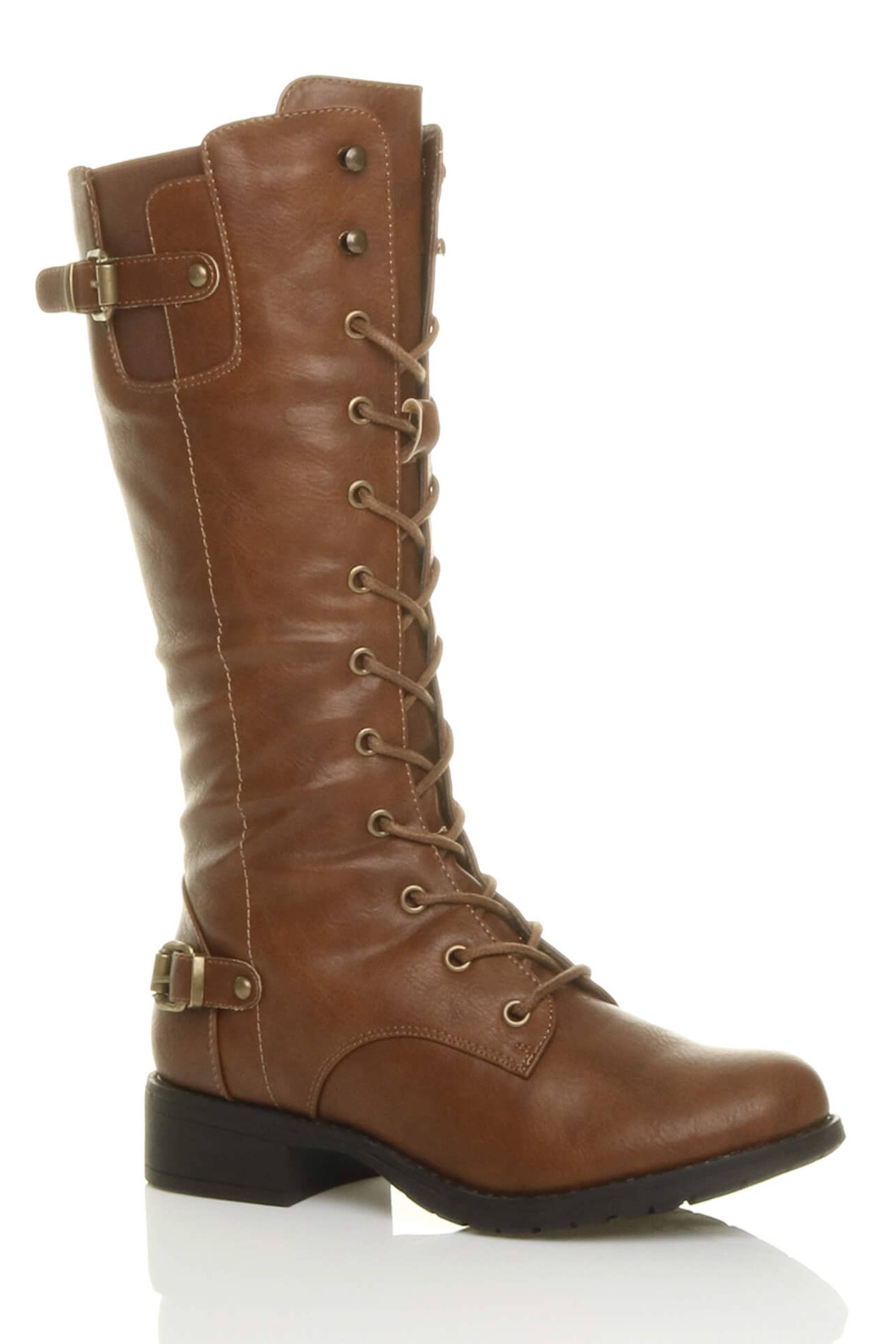 Tan Lace Up Calf Military Biker Boots, Image 1 of 6