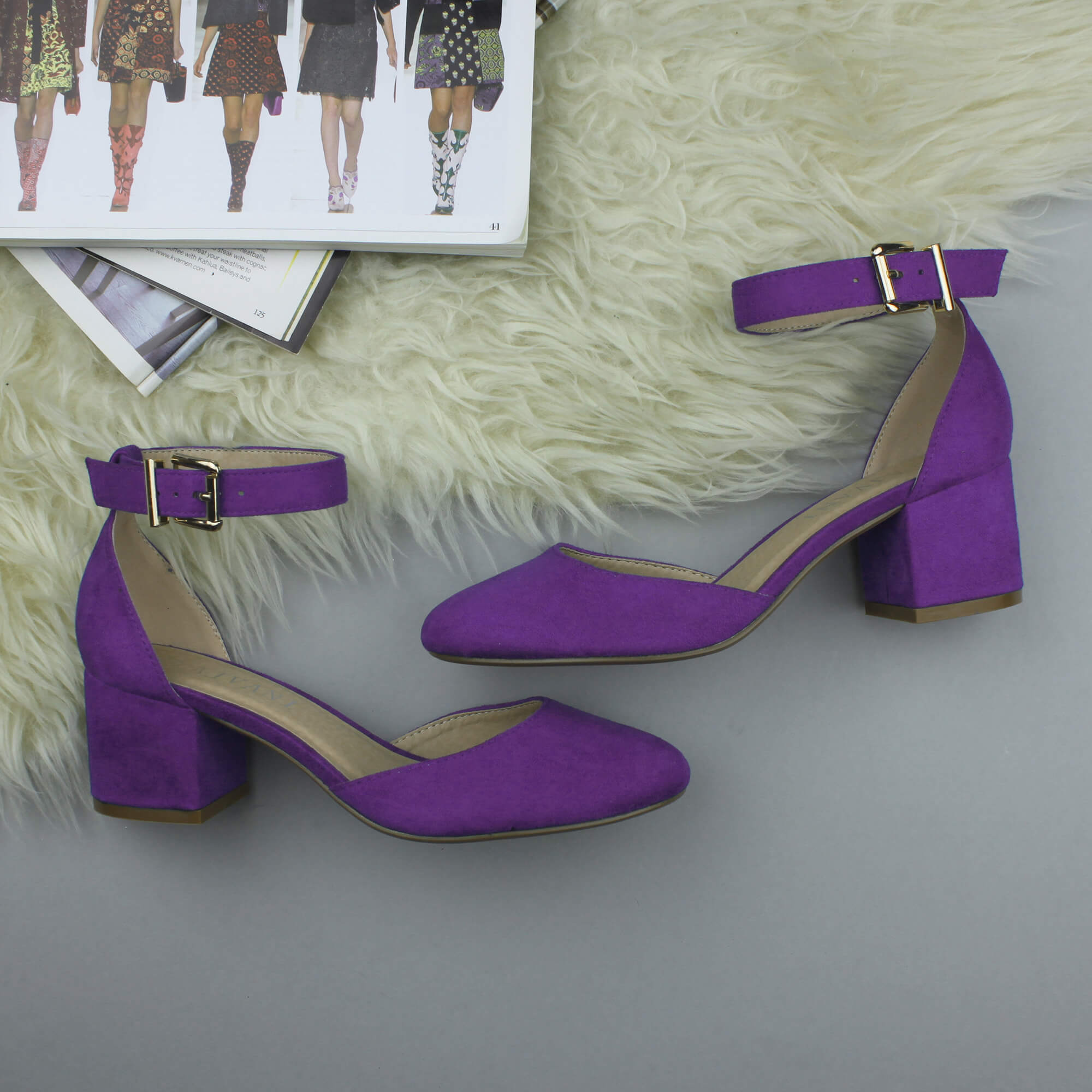 Purple AJVANI Purple Mid Block Heel Ankle Strap 2 Part Heels, Image 4 of 6