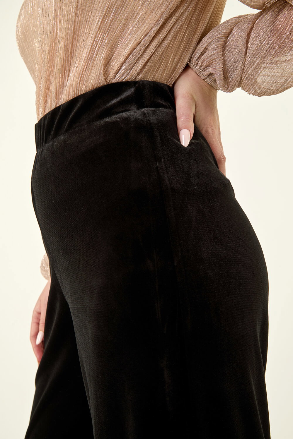 Black Petite Wide Leg Velvet Stretch Trouser, Image 6 of 5