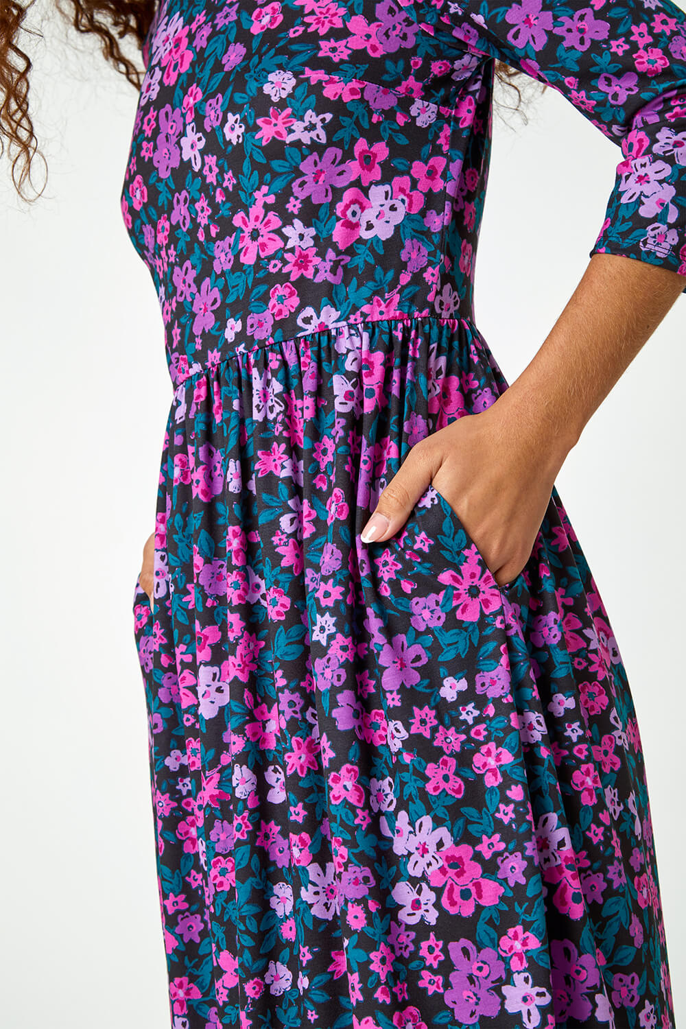 Purple Floral Print Midi Stretch Dress, Image 6 of 5