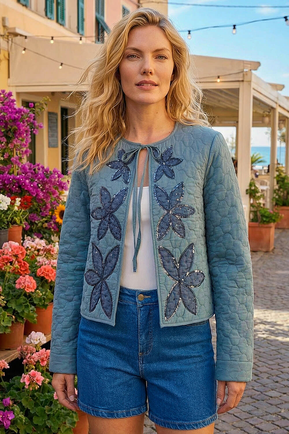 Denim Sequin Embellished Quilted Jacket, Image 3 of 4