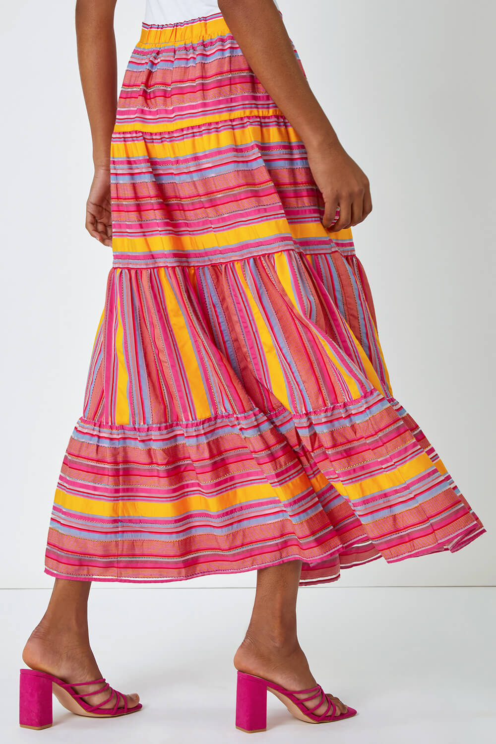 Fushcia Tiered Striped Elastic Waist Maxi Skirt, Image 6 of 7