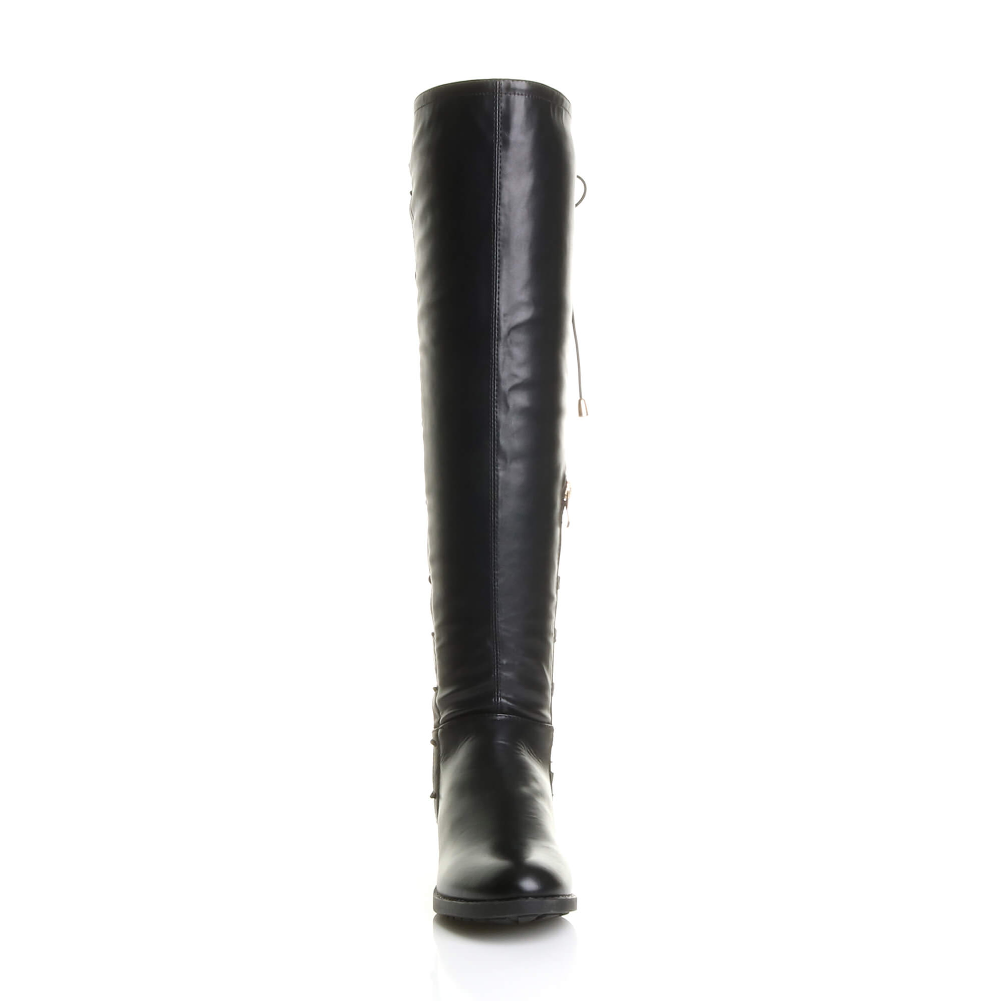 Black AJVANI Black Elastic Tie Up Riding Knee High Boots, Image 6 of 6