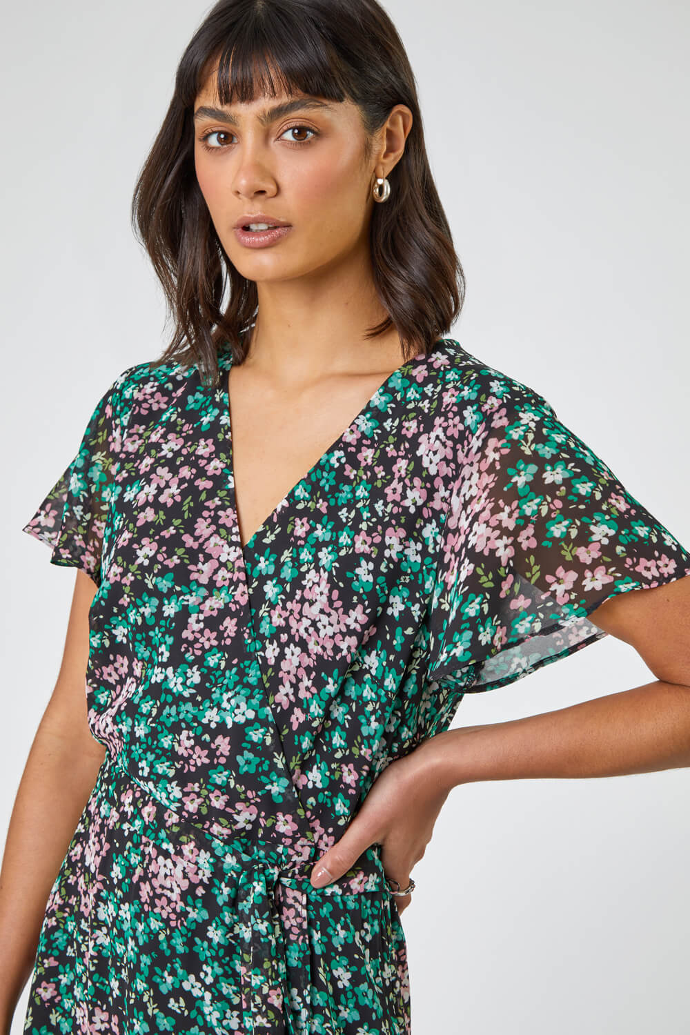 Ditsy Floral Wrap Midi Dress in Green - Roman Originals UK