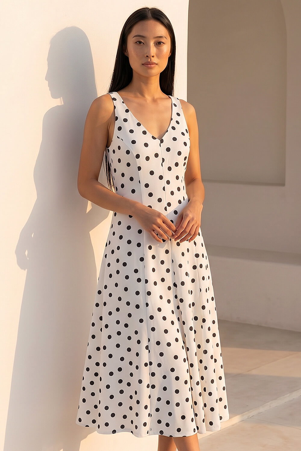 Ivory  Polka Dot Premium Stretch Midi Dress, Image 3 of 4