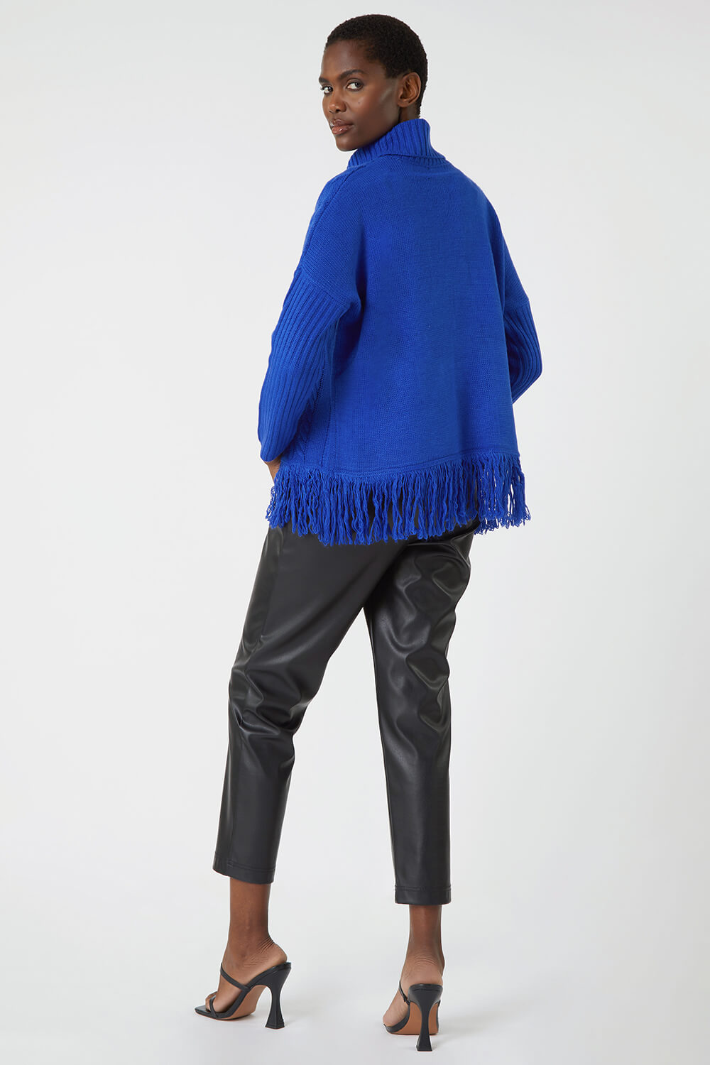 Blue Cable Knit Roll Neck Fringed Jumper, Image 5 of 6