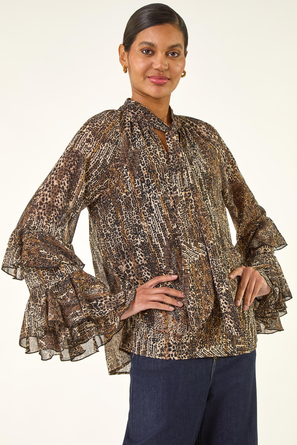 Beige Animal Print Tie Front Flared Top, Image 1 of 5