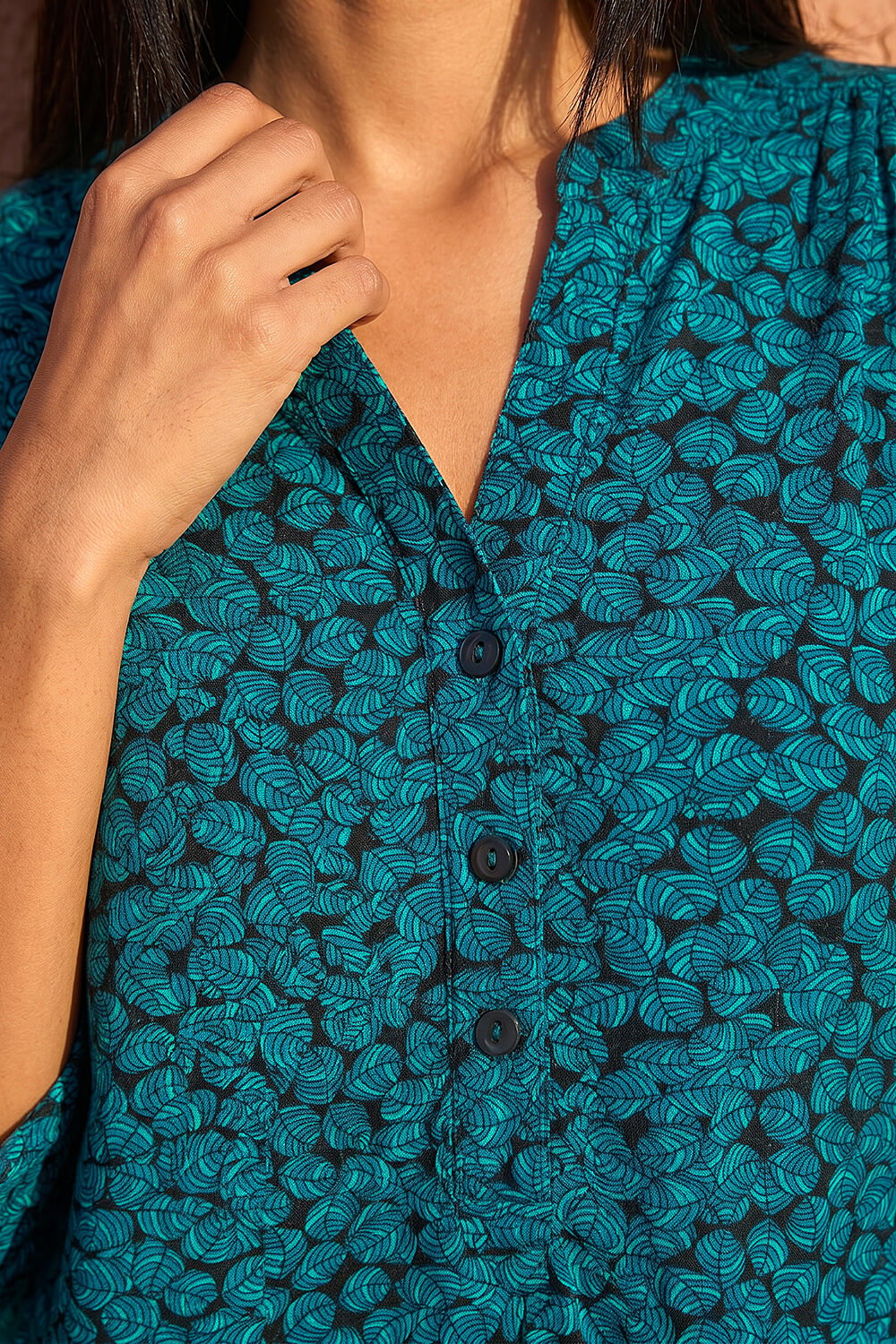 Teal Leaf Print Button Detail Shirt, Image 5 of 4