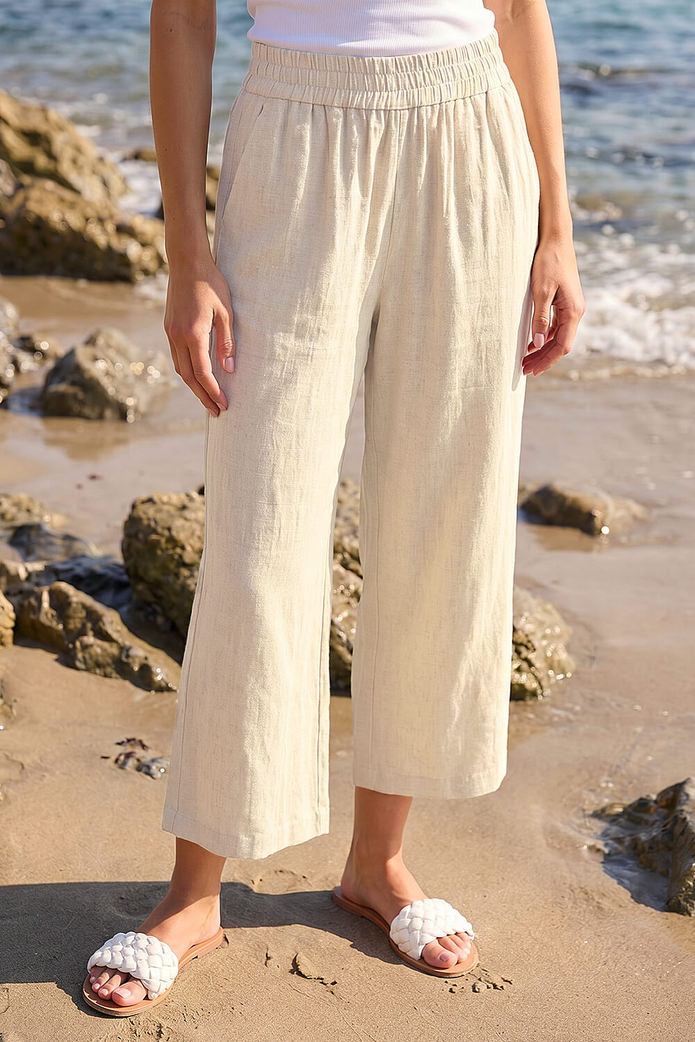 Natural  Petite Linen Blend Cropped Trouser, Image 3 of 4