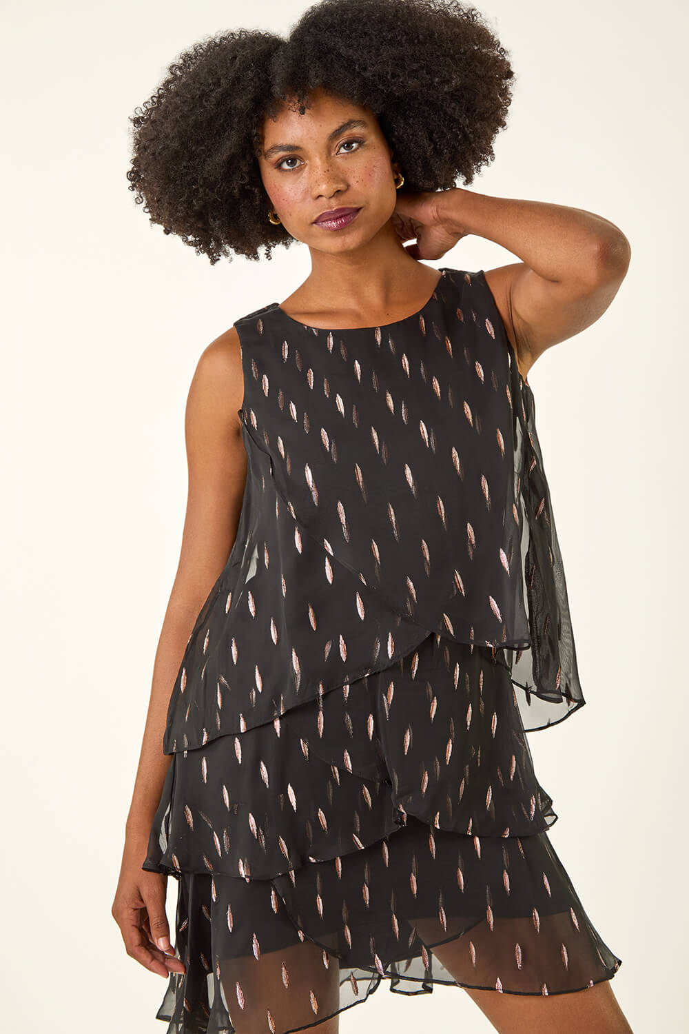 Black Shimmer Foil Print Tiered Dress, Image 6 of 6
