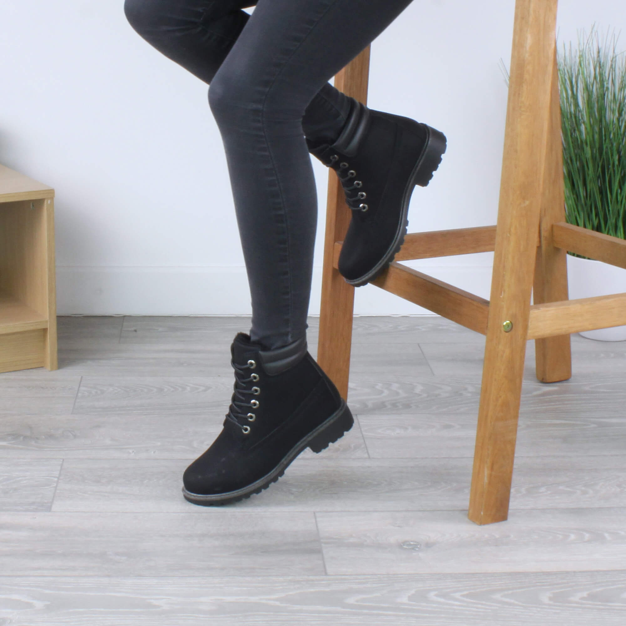 Black AJVANI Black Low Heel Lace Up Biker Worker Boots, Image 5 of 6