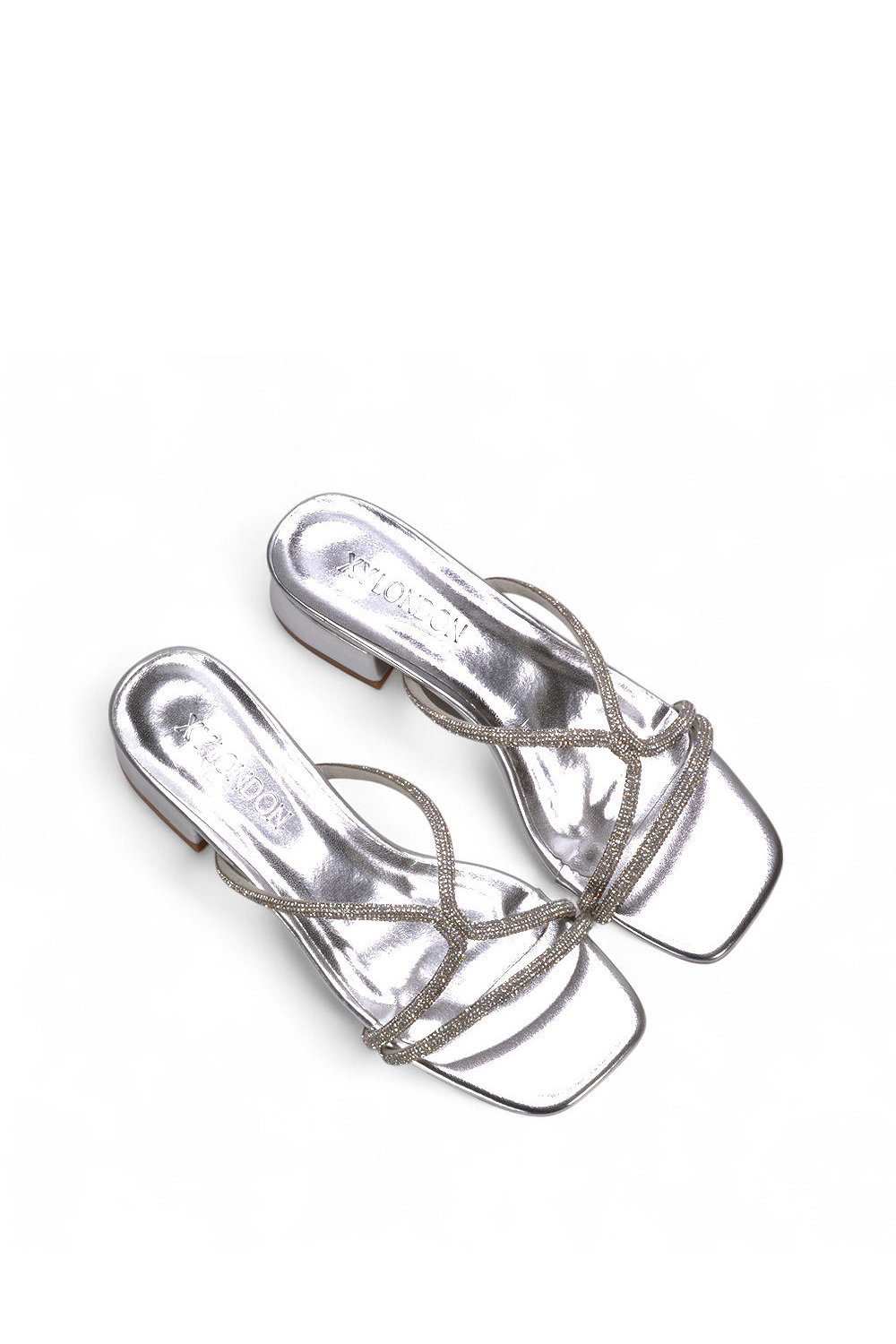 Silver XY LONDON Silver 'Olivia' Strappy Low Block Heel Diamante Sandals With Square Toe, Image 6 of 6