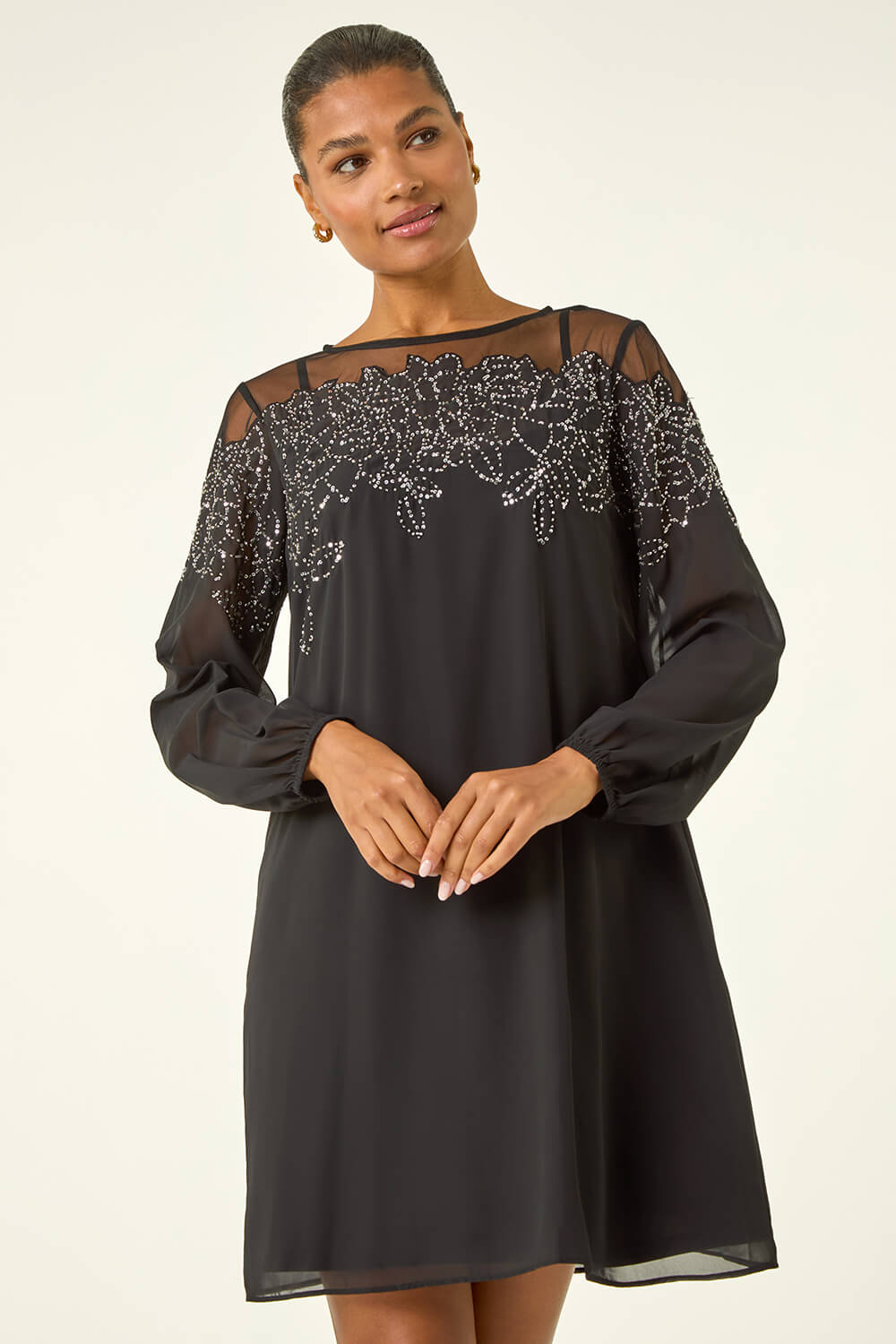 Black Sequin Mesh Neck Sequin Dress, Image 4 of 7