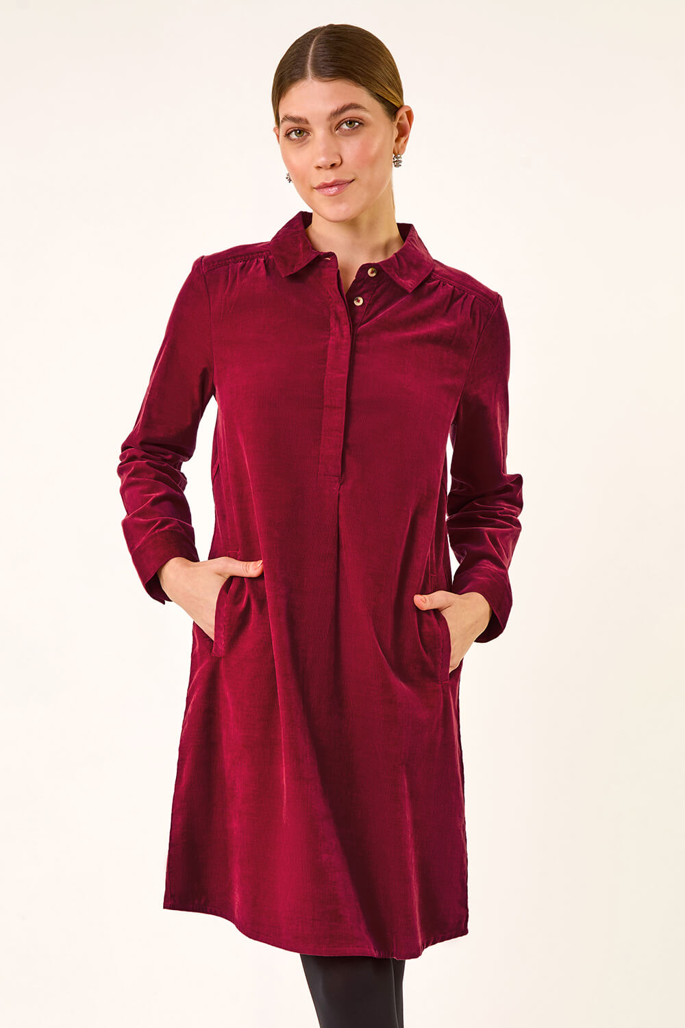 Red Corduroy Tunic Shirt Dress, Image 3 of 5